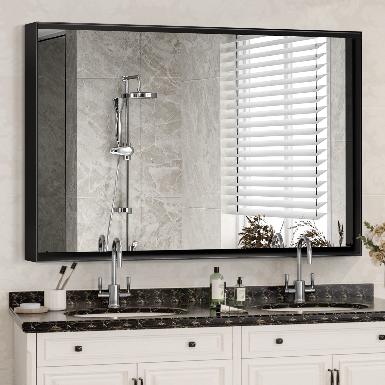 Black Rectangular Bathroom Mirror Square Angle Metal Frame 36x24inch (Horizontal & Vertical)