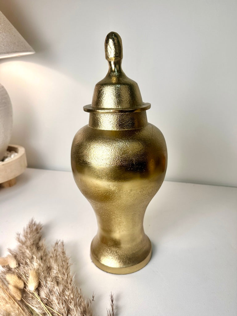 Gold Metal Ginger Jar Hammered Finish with Classic Lid 15" tall