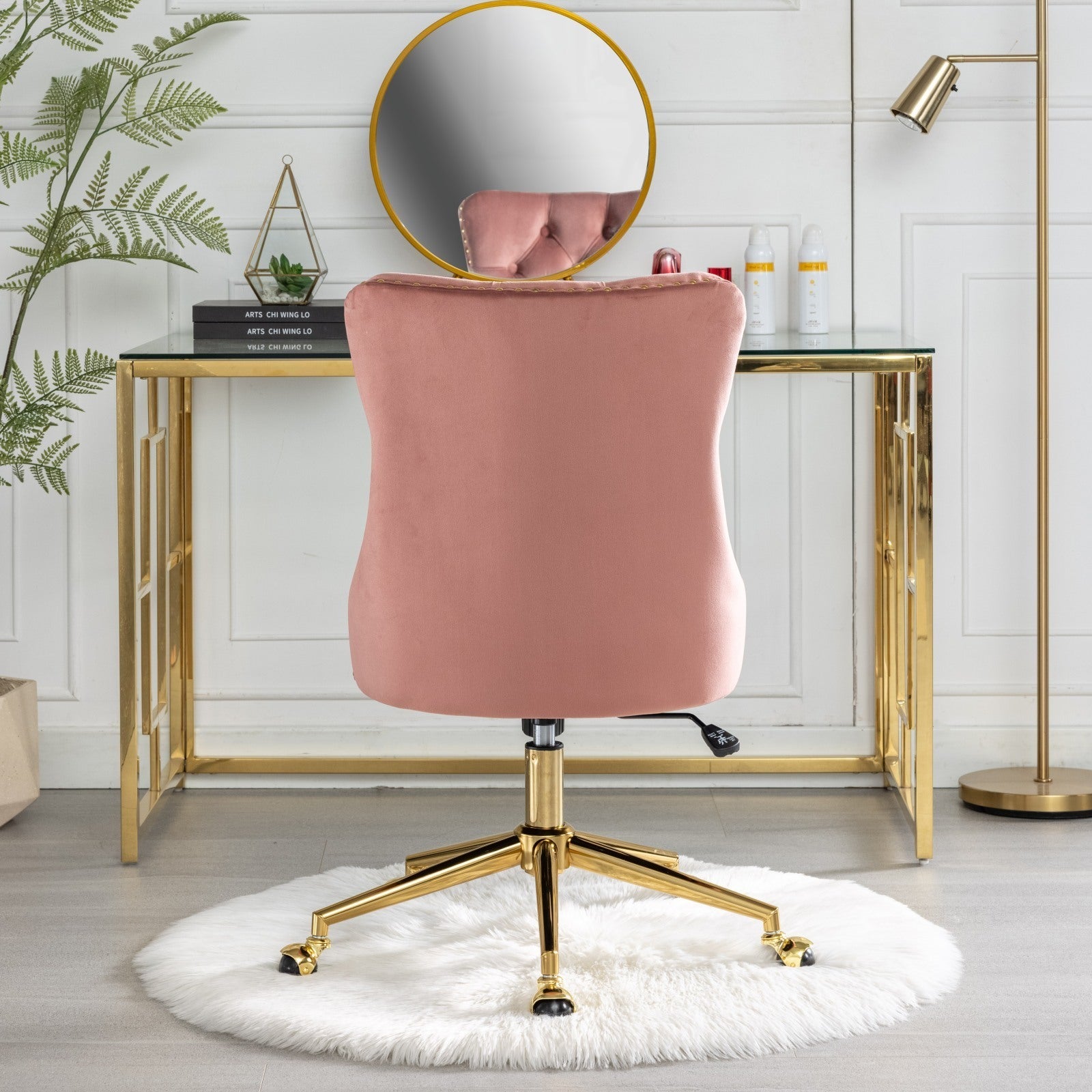 Velvet Upholstered Tufted Button Home Office Chair with Golden Metal Base, Adjustable Desk Chair Swivel Office Chair - Pink