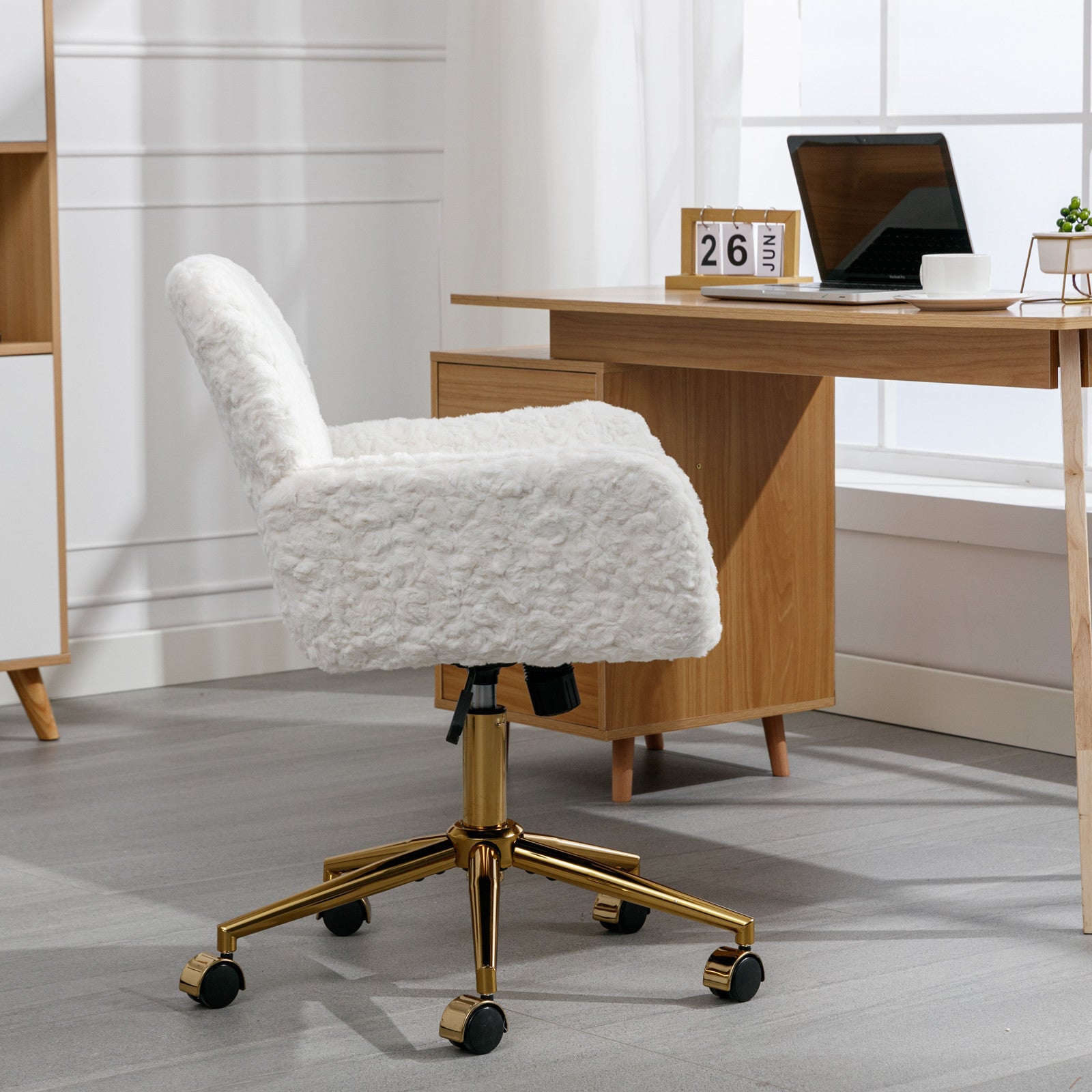 Cozy Plush Home Office Chair with Golden Metal Base  Adjustable Desk Chair Swivel Office Chair,Vanity Chair - Cream