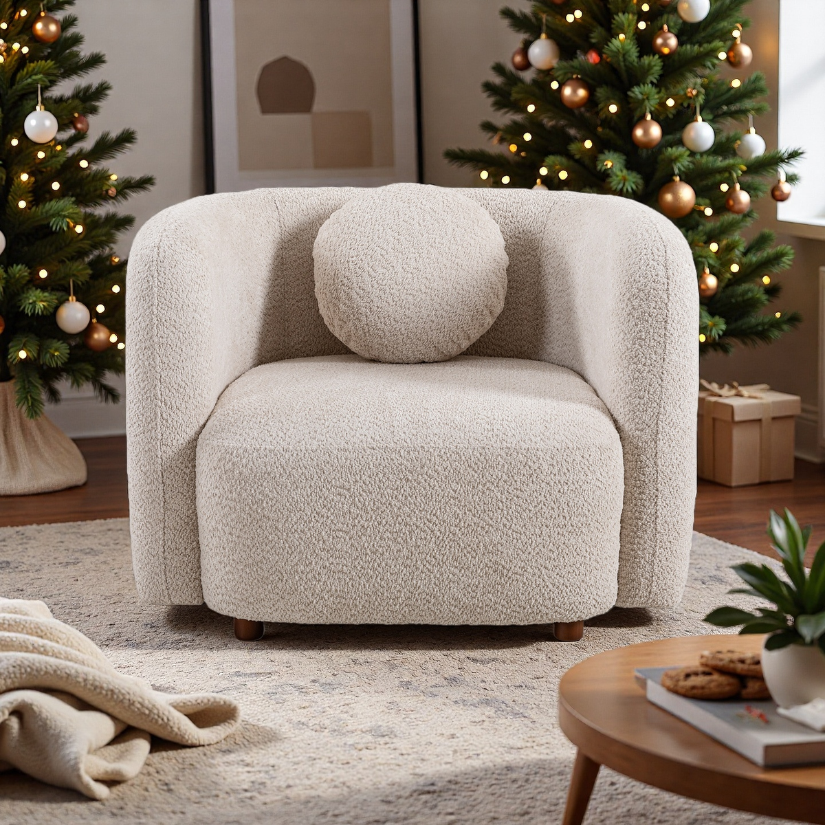 C3-2507, Accent Square Sofa Chair, Boucle Fabric Upholstered Single Cloud Couch Chair, Japandi Style Armchair for Living Room, 1 Seater Sofa