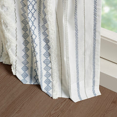 50x95" Cotton Printed Curtain Panel with Chenille Stripe and Lining - Ivory+Navy (1 panel only)