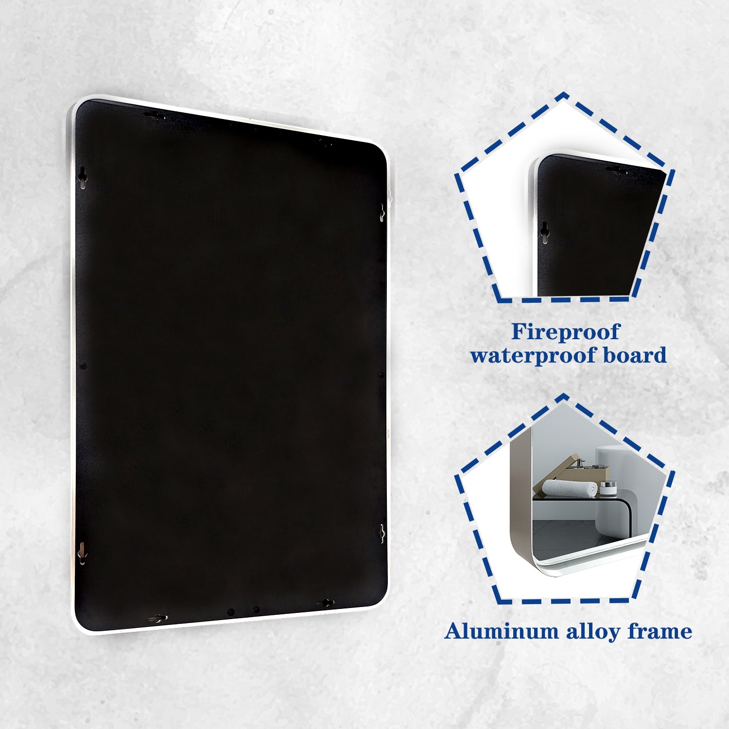 Glossy Brushed Silver Rounded Corner Rectangle Wall Mirror 36x30inch  (Horizontal & Vertical)