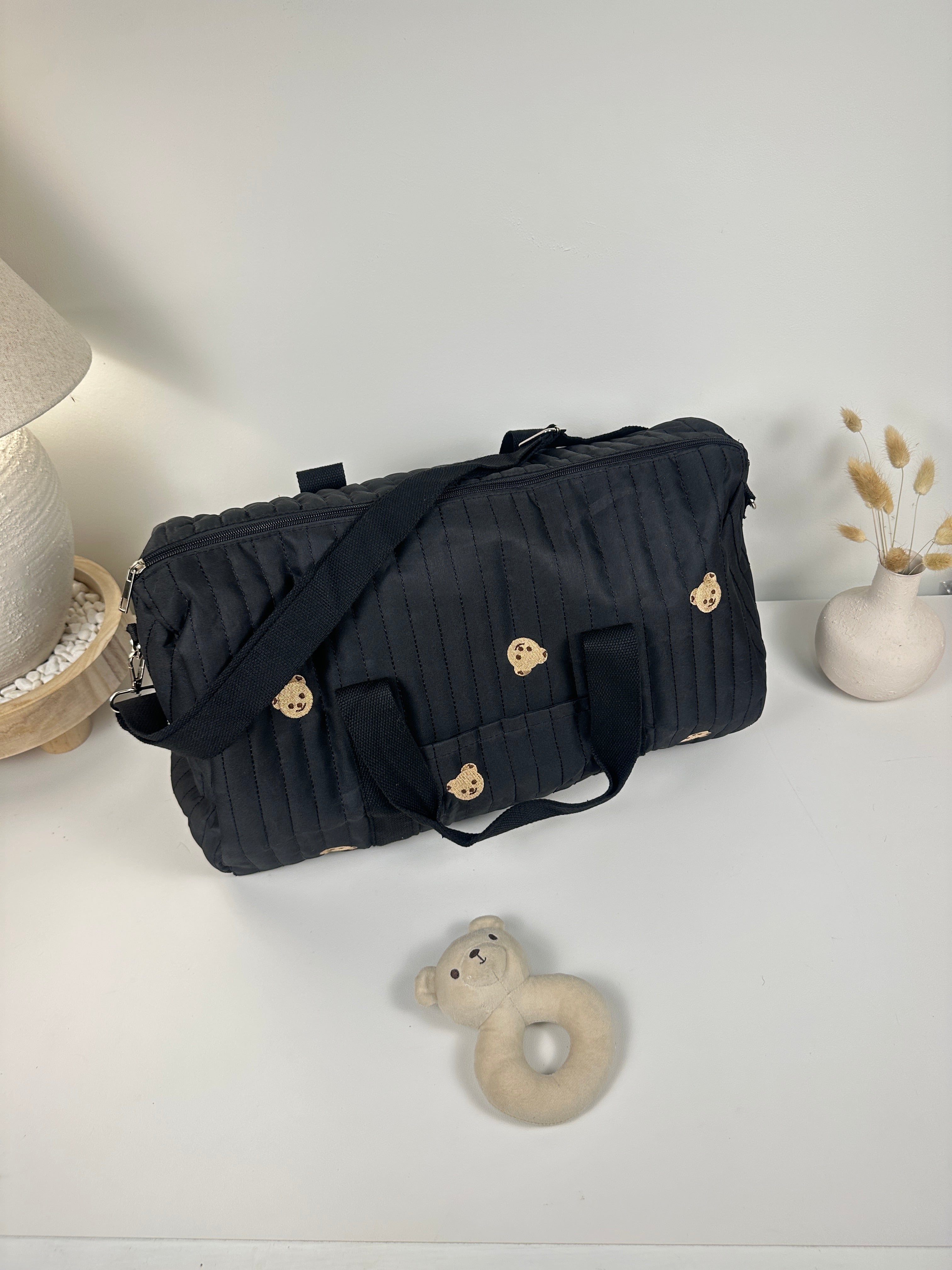 Cozy Quilted Baby Diaper Bag with Bear Pattern, Large Capacity Travel Tote 18“Lx6”Wx12“H
