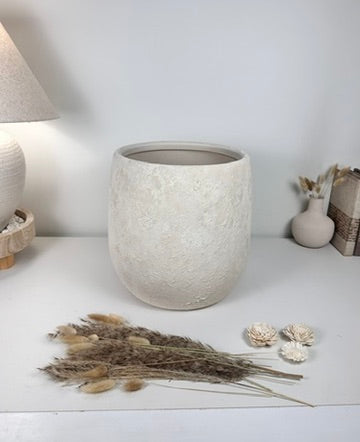 Minimalist Hand-Painted & Textured Planter Pot 12.5" tall with drainage hole one time creation - Cream Linen wash