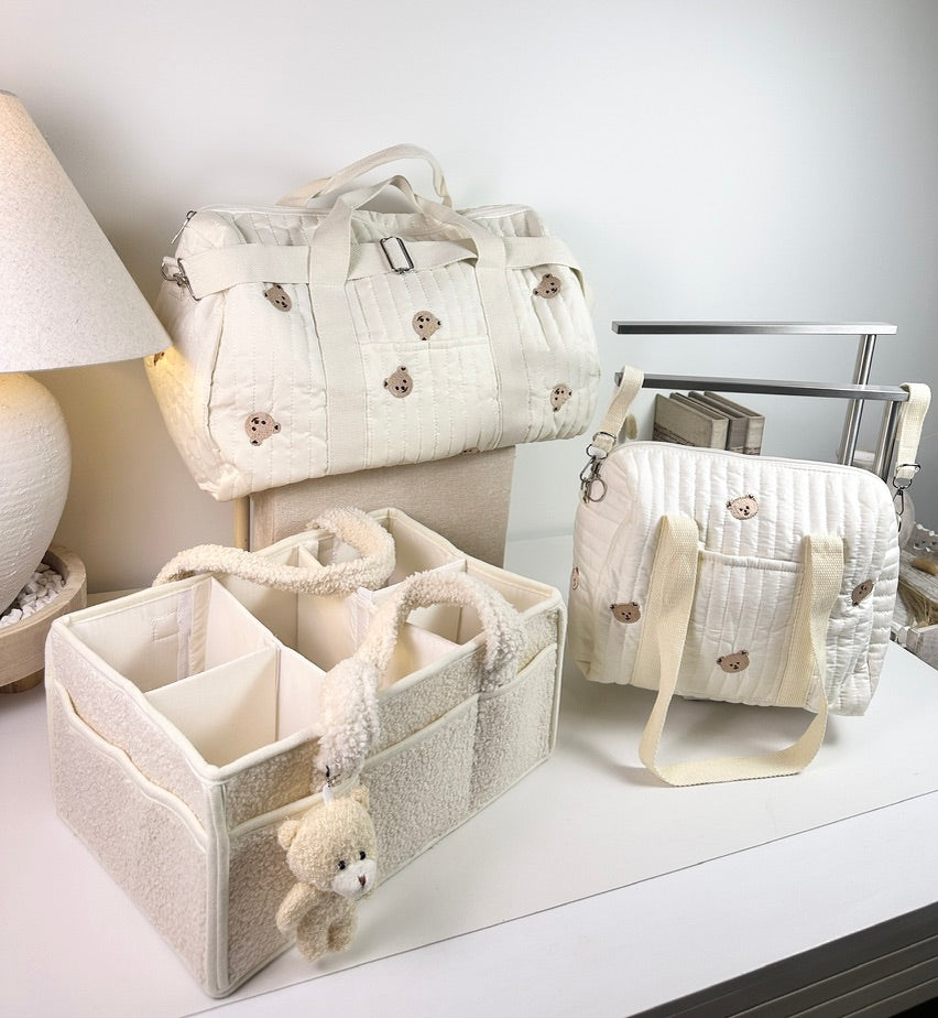 Set of 3 Stroller Bag, Travel Bag and Caddy Diaper Bag for Baby Essentials - Cream