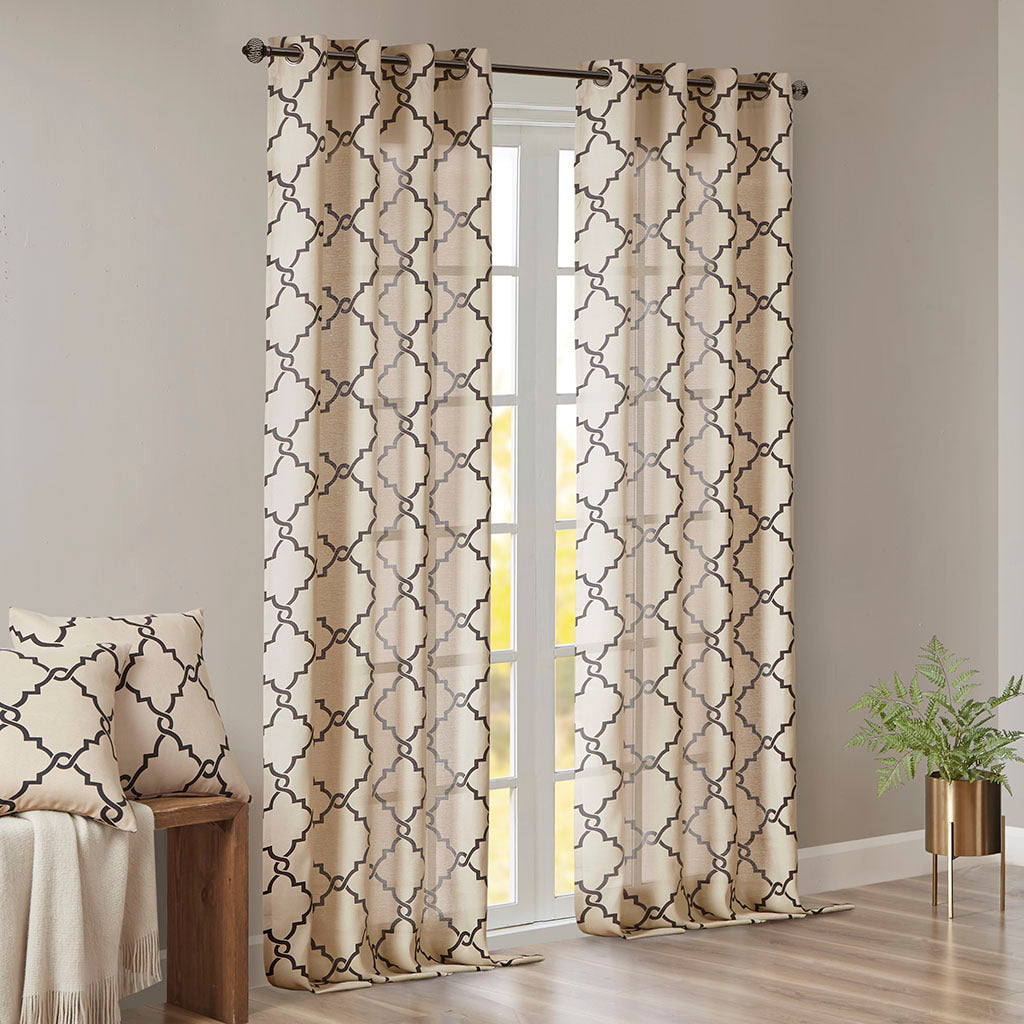 50x108"  Fretwork Print Grommet Top Window Curtain Panel - Khaki+Black (1 panel only)