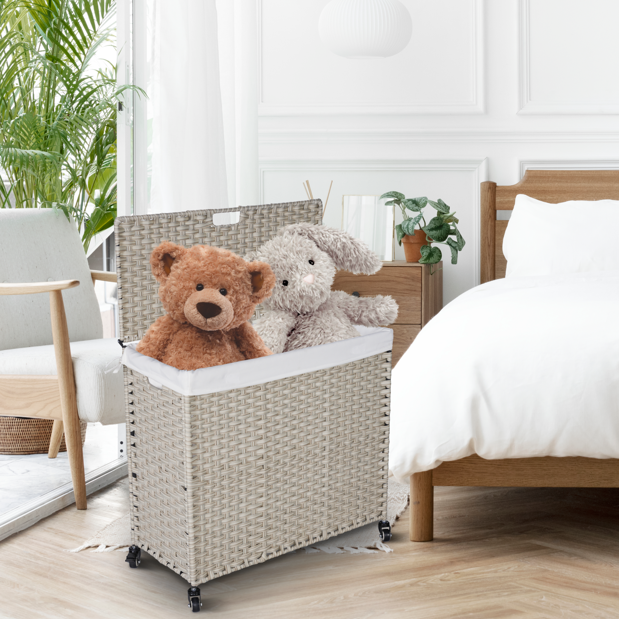 Laundry Hamper With Lid PE Rattan Powder Coating Frame Clothes Hampers with 2 Removable Bags, Wheels, 160L, Light Grey
