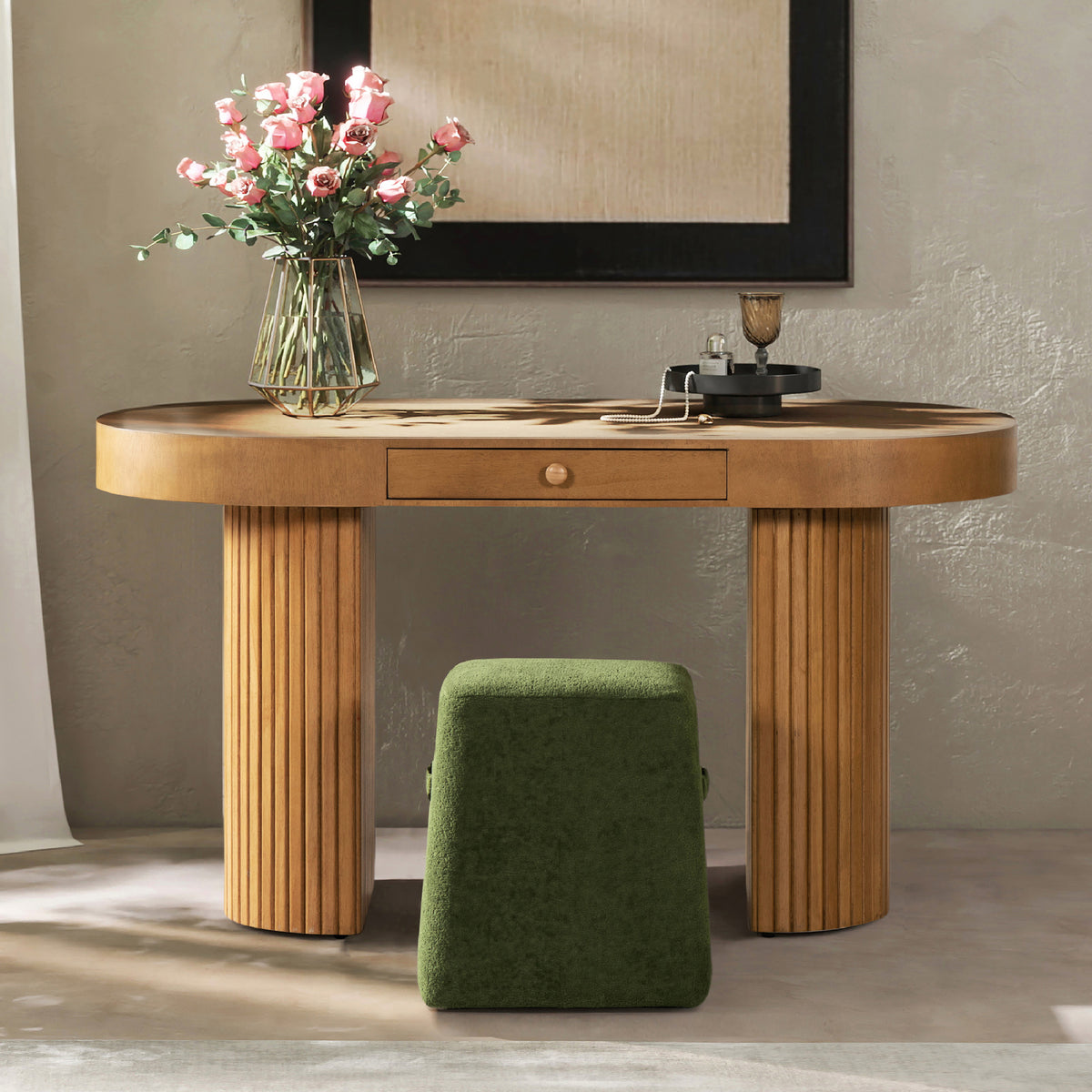 Jesse 55.5' Single Drawer Fluted Oval Console Desk, Honey Brown Rubberwood