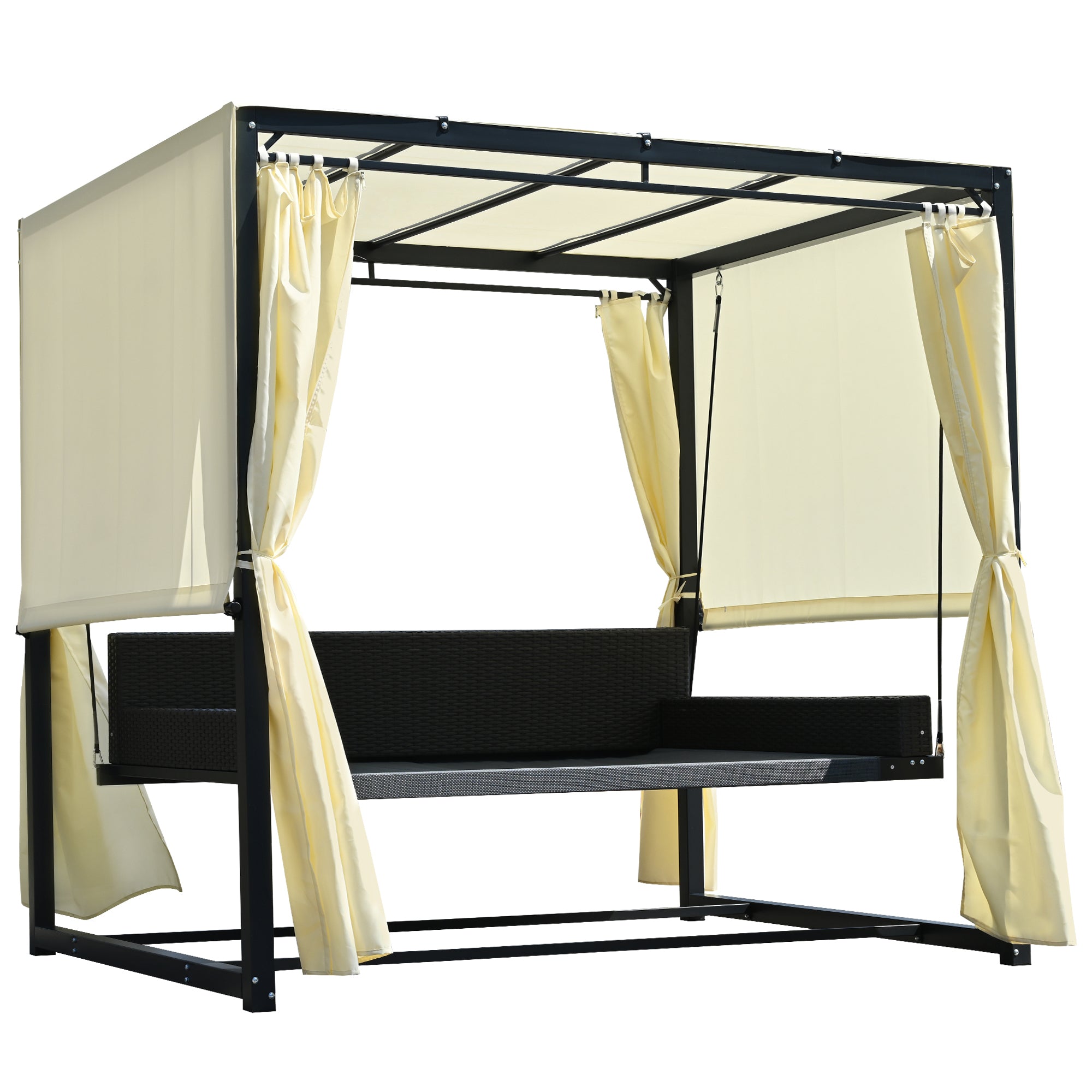 Outdoor Swing Bed for 2-3 People, Adjustable Curtains - Beige