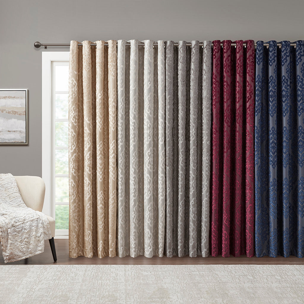 Knitted Jacquard Damask Total Blackout Grommet Top Curtain Panel - Navy
