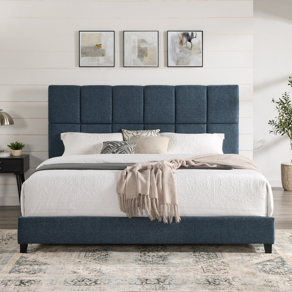 King Size Navy Blue Denim Squares Upholstered Platform Bed