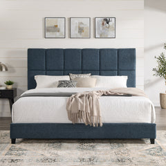 King Size Navy Blue Denim Squares Upholstered Platform Bed
