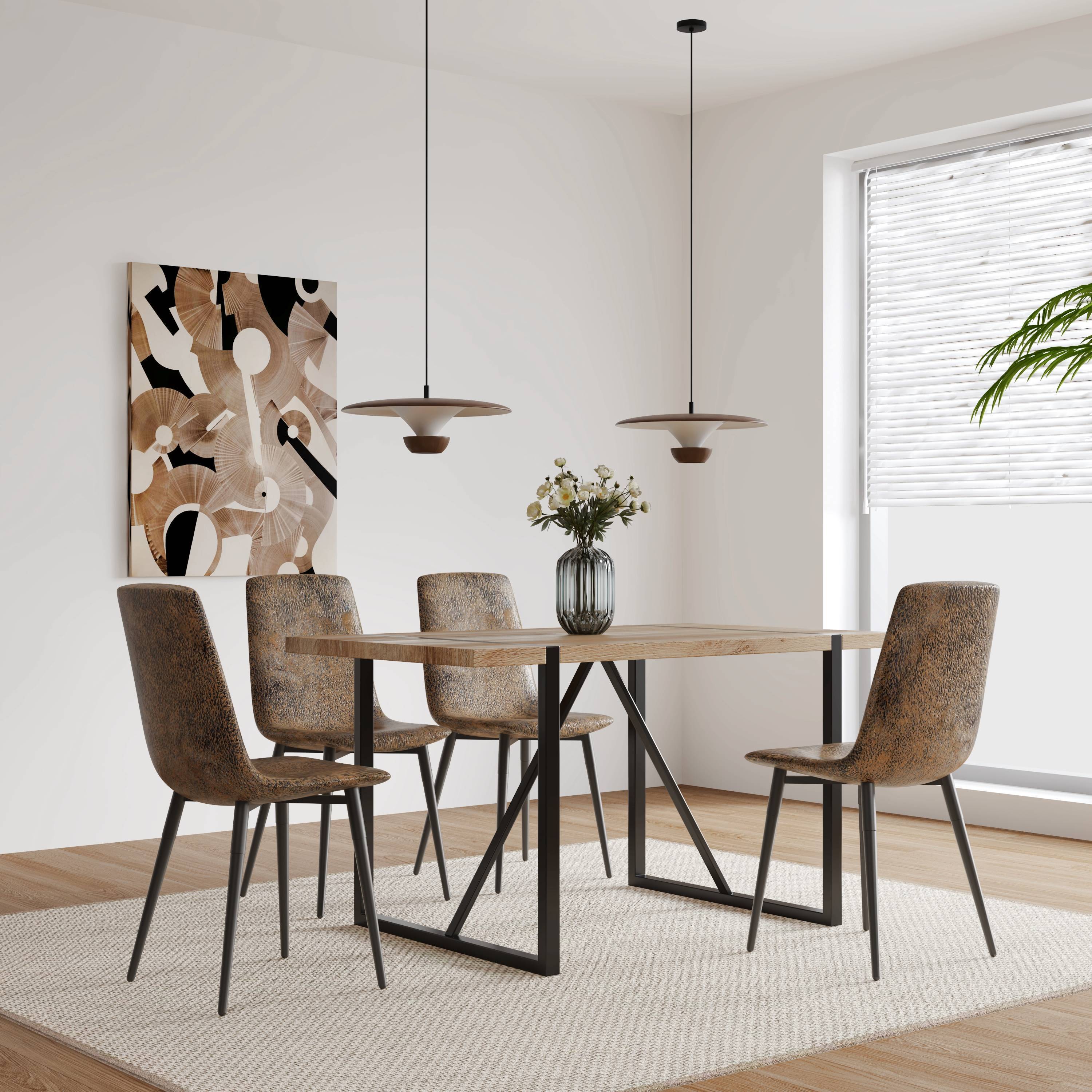 Set of 4 Modern Kitchen Dining Room Chairs, Cushion Seat and Sturdy Black Metal Legs - Brown
