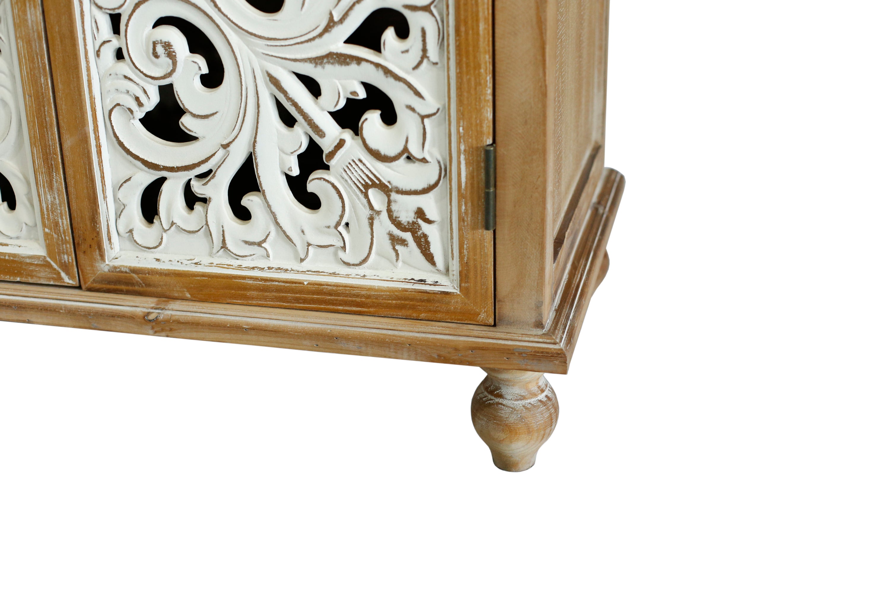 Farmhouse Sideboard Buffet with Storage, Accent Cabinet with 4 Doors, Wood Carved Floral Doors - Natural