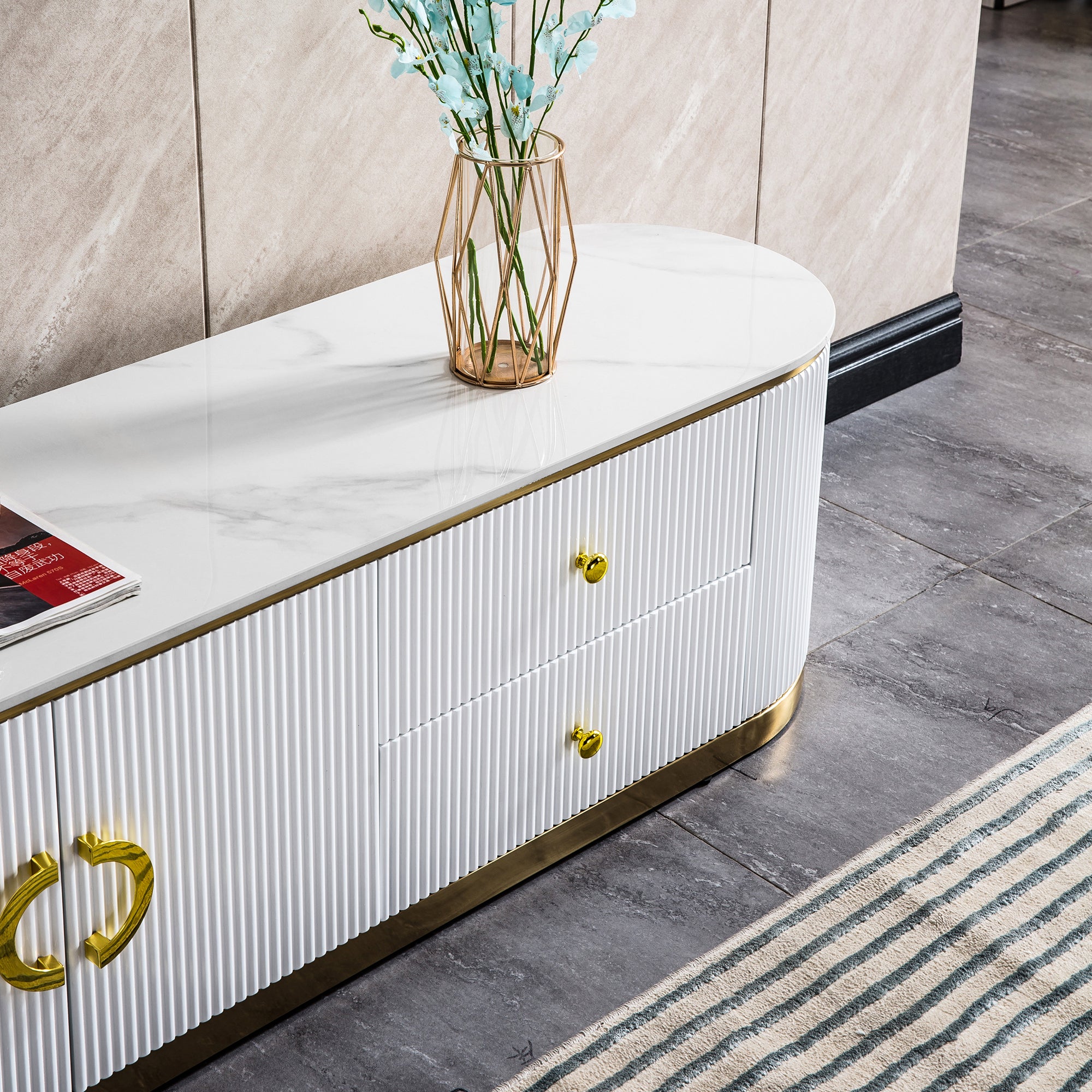 White Sintered Stone TV Stand, Media Console Television Table
