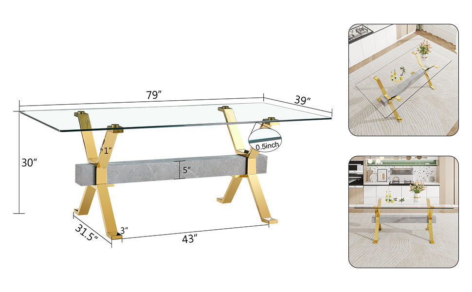 Modern Tempered Glass Dining Table - Transparent with Gold Plated Metal Legs (no chairs included))