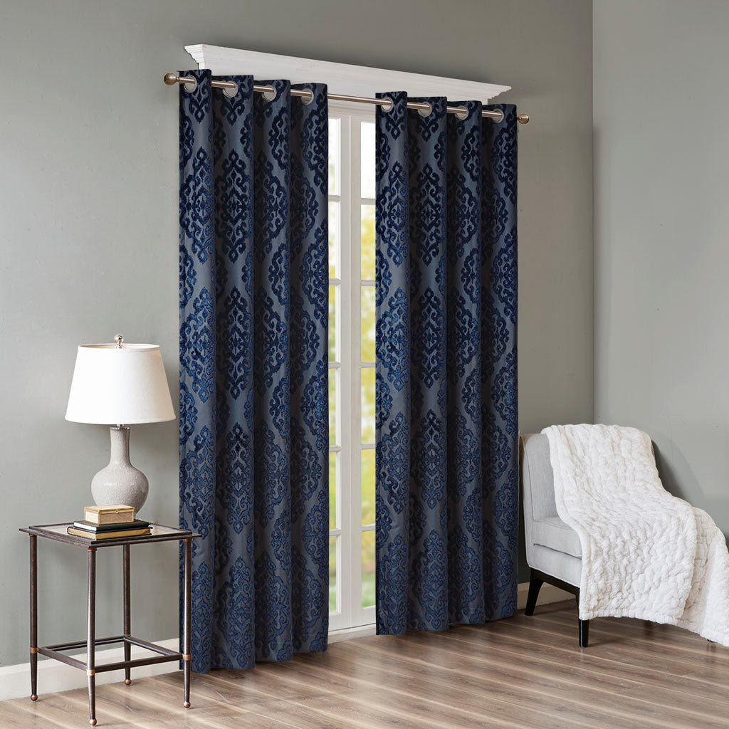 Knitted Jacquard Damask Total Blackout Grommet Top Curtain Panel - Navy