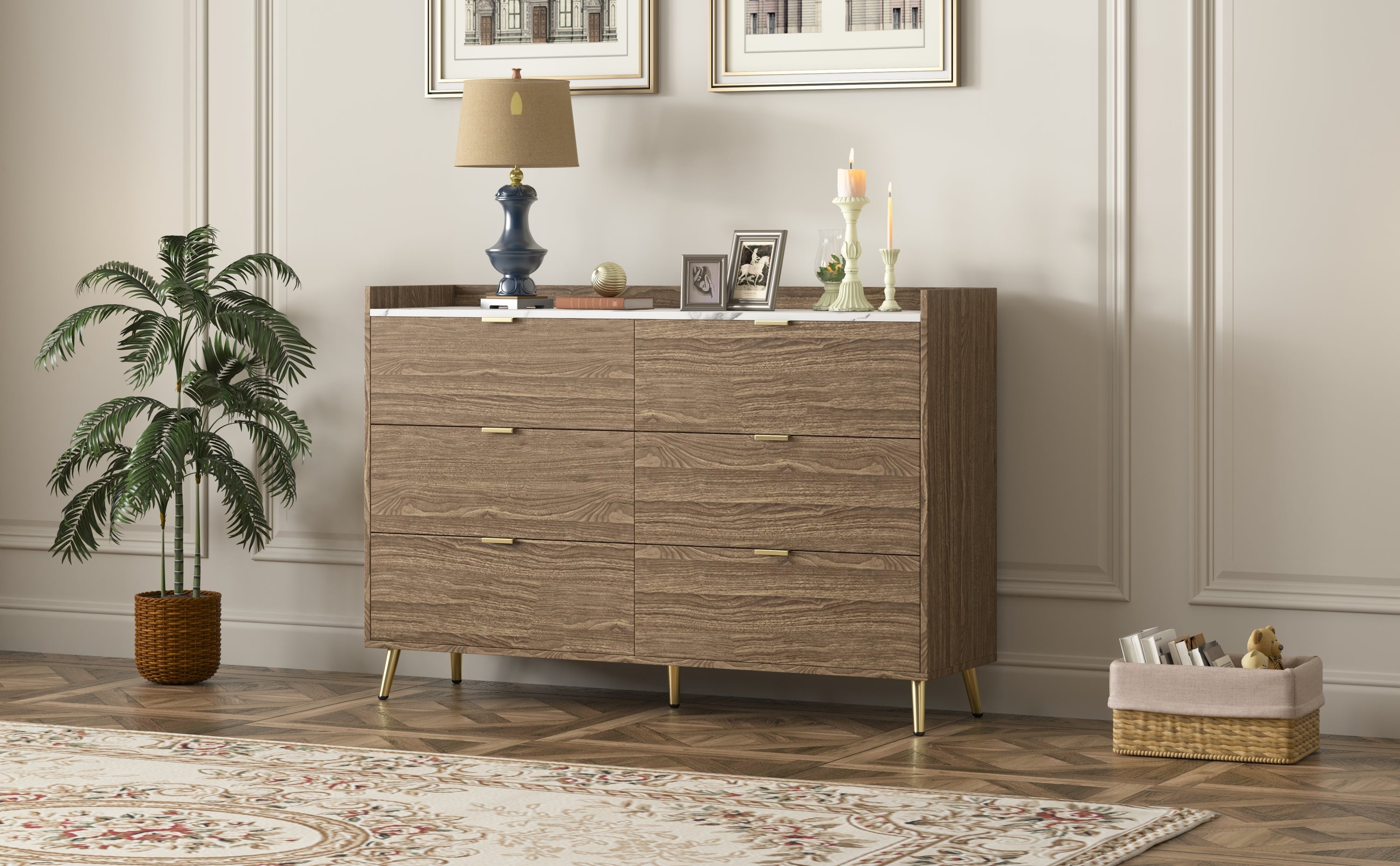55" Long 6 Drawer Dresser with Marbling Worktop, Mordern Storage Cabinet with Metal Leg and Handle - Walnut