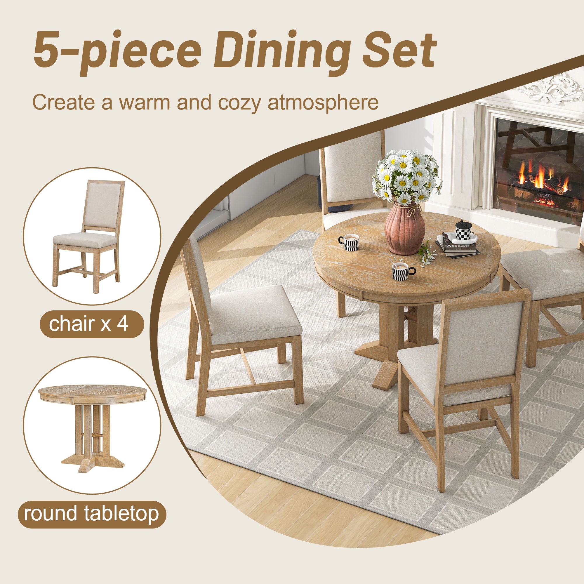 5-Piece Dining Set Extendable Round Table and 4 Chairs Farmhouse Dining Set - Natural Wood Wash