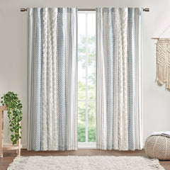 50x95" Cotton Printed Curtain Panel with Chenille Stripe and Lining - Ivory+Navy (1 panel only)
