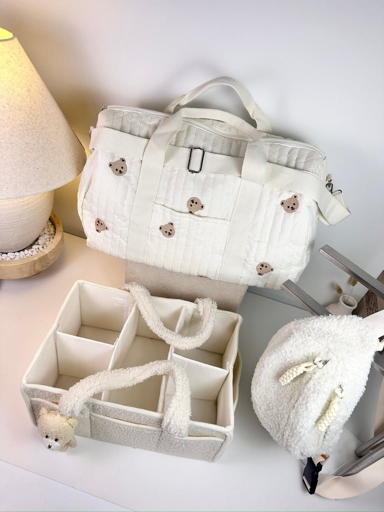 Set of 3 Travel Bag, Crossbody Bag and Caddy Diaper Bag for Baby Essentials - Cream