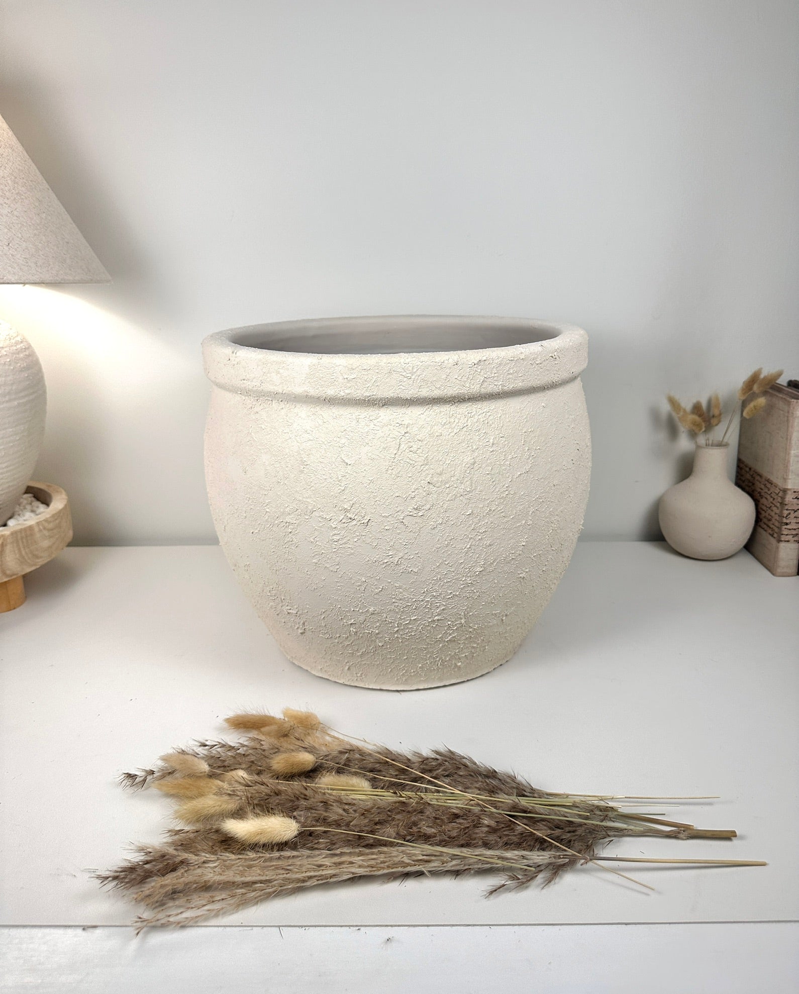 Minimalist Hand-Painted & Textured Planter Pot 12" tall with drainage hole one time creation - Cream
