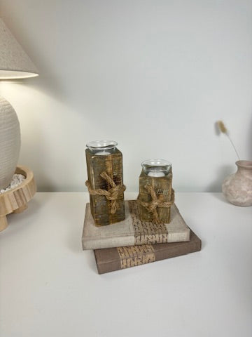 Set of 2 Rustic Farmhouse Handcrafted Candle Holders 4“ and 6” tall