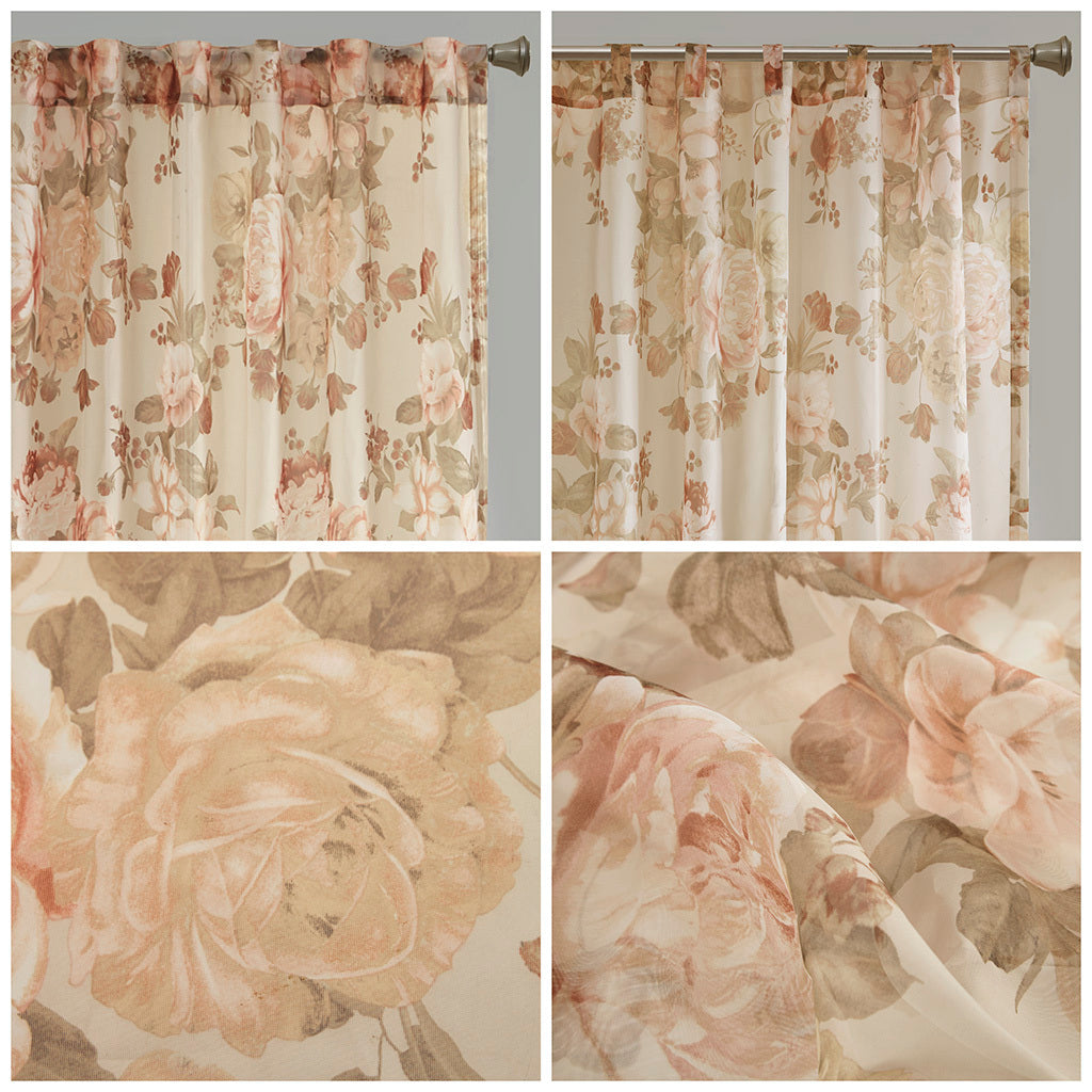 50x95" Printed Floral Rod Pocket and Back Tab Voile Sheer Curtain - Blush