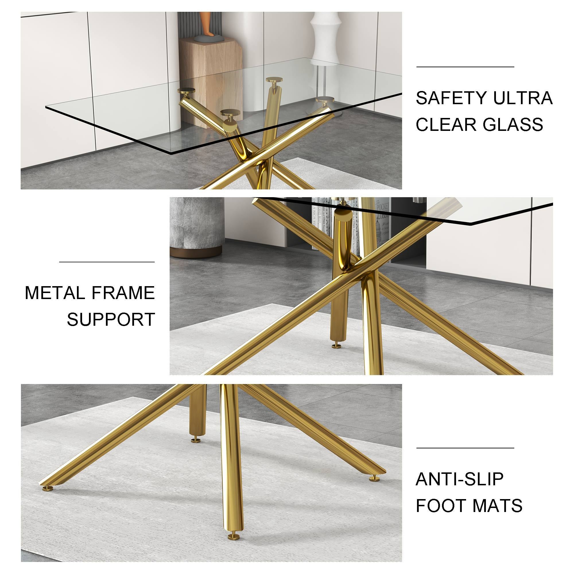 Modern Minimalist Rectangular Glass Dining Table for 6-8 with 0.39" Tempered Glass Tabletop and Silver Chrome Metal Legs - Golden