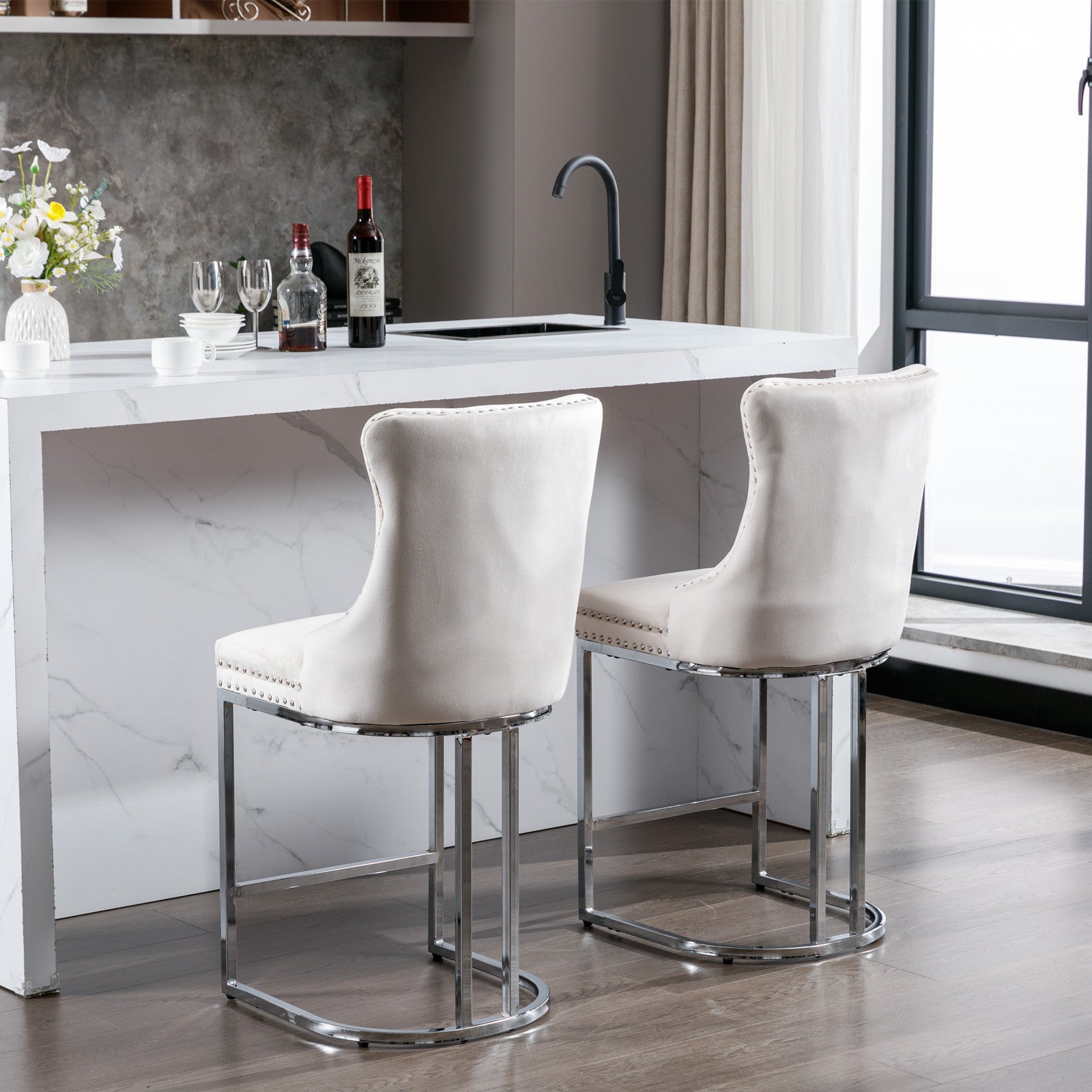 Modern Velvet Barstools 26" Counter Height Bar Stools (Set of 2) - Beige