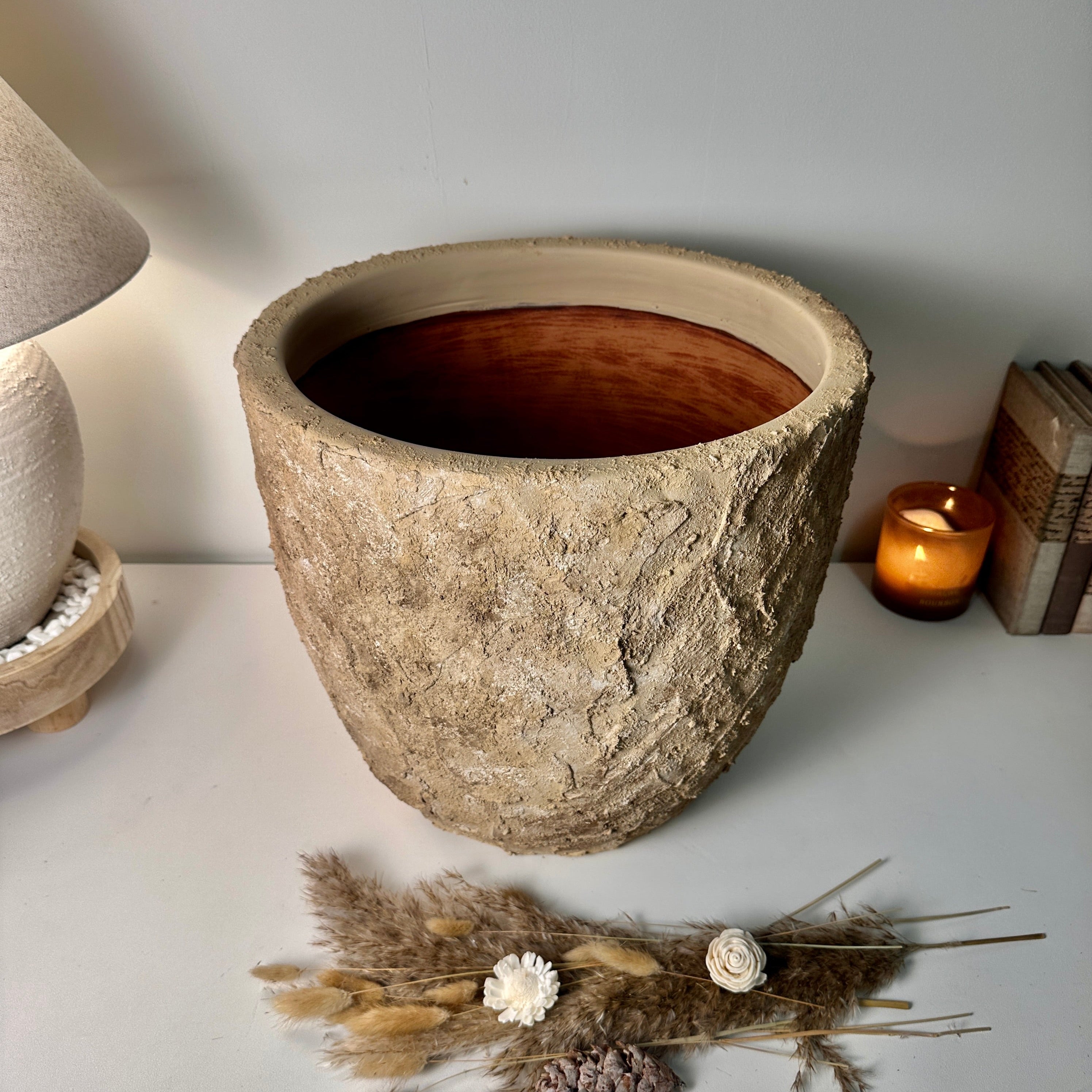 Rustic Hand-Painted & Textured Planter Pot 14" tall with drainage hole one time creation - Espresso Brown