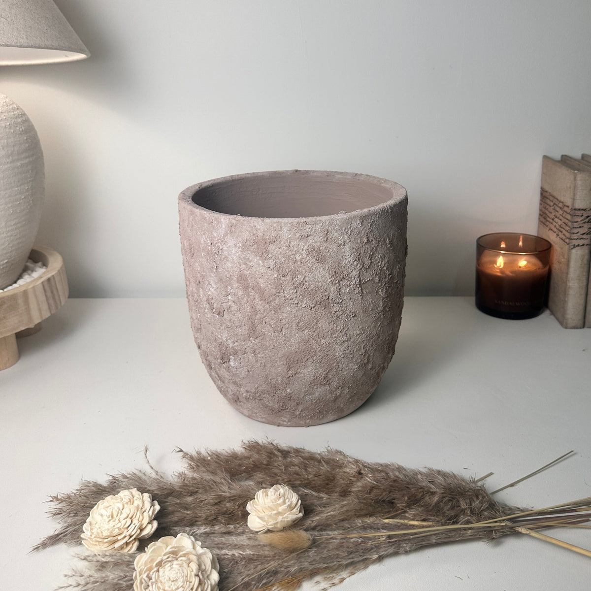 9" tall Minimalist Hand-Painted & Textured Planter Pot with Drainage Hole - Light Coffee Brown