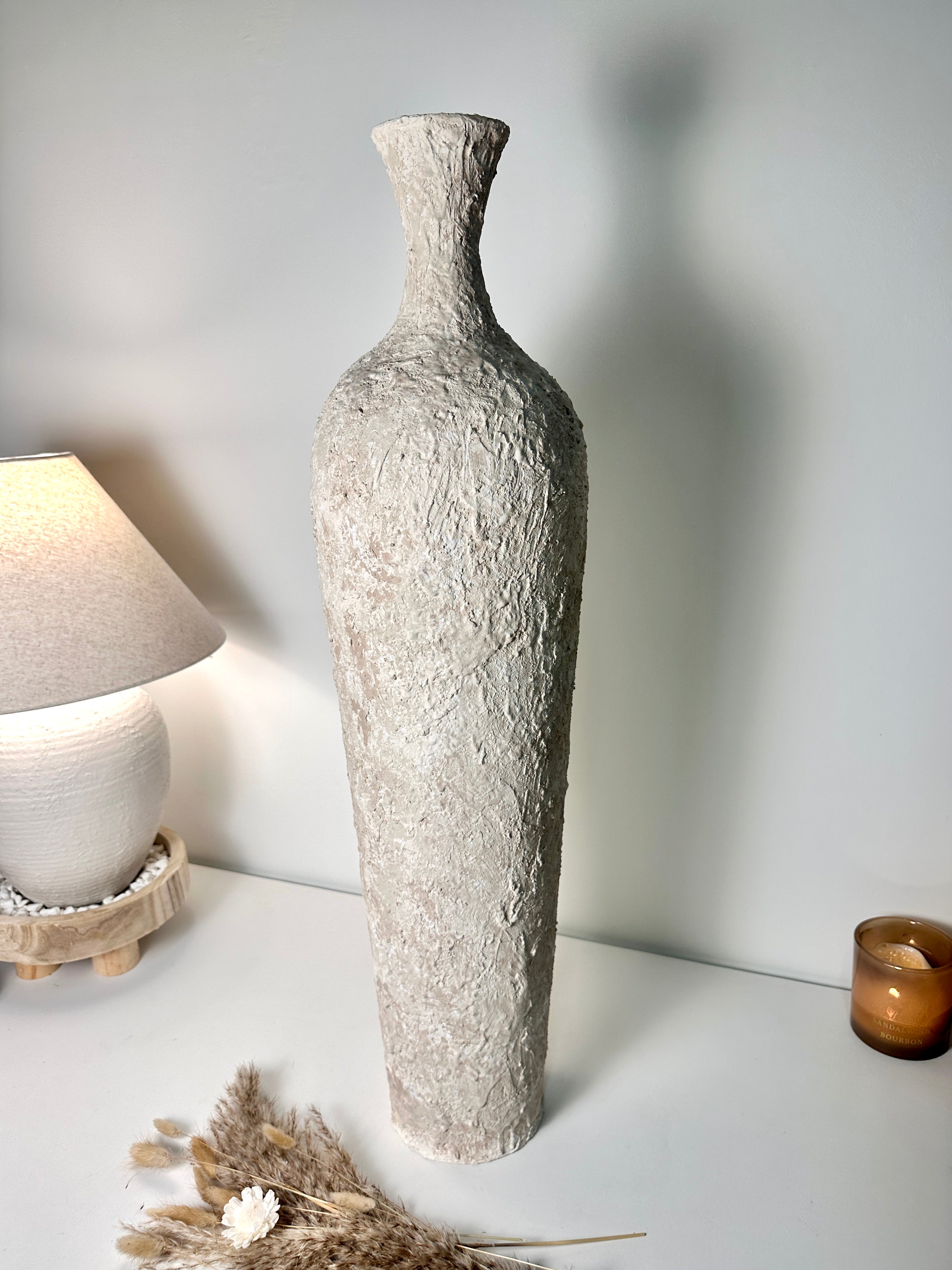 Floor Vase 32" tall minimalist hand-painted metal texture - cream wash