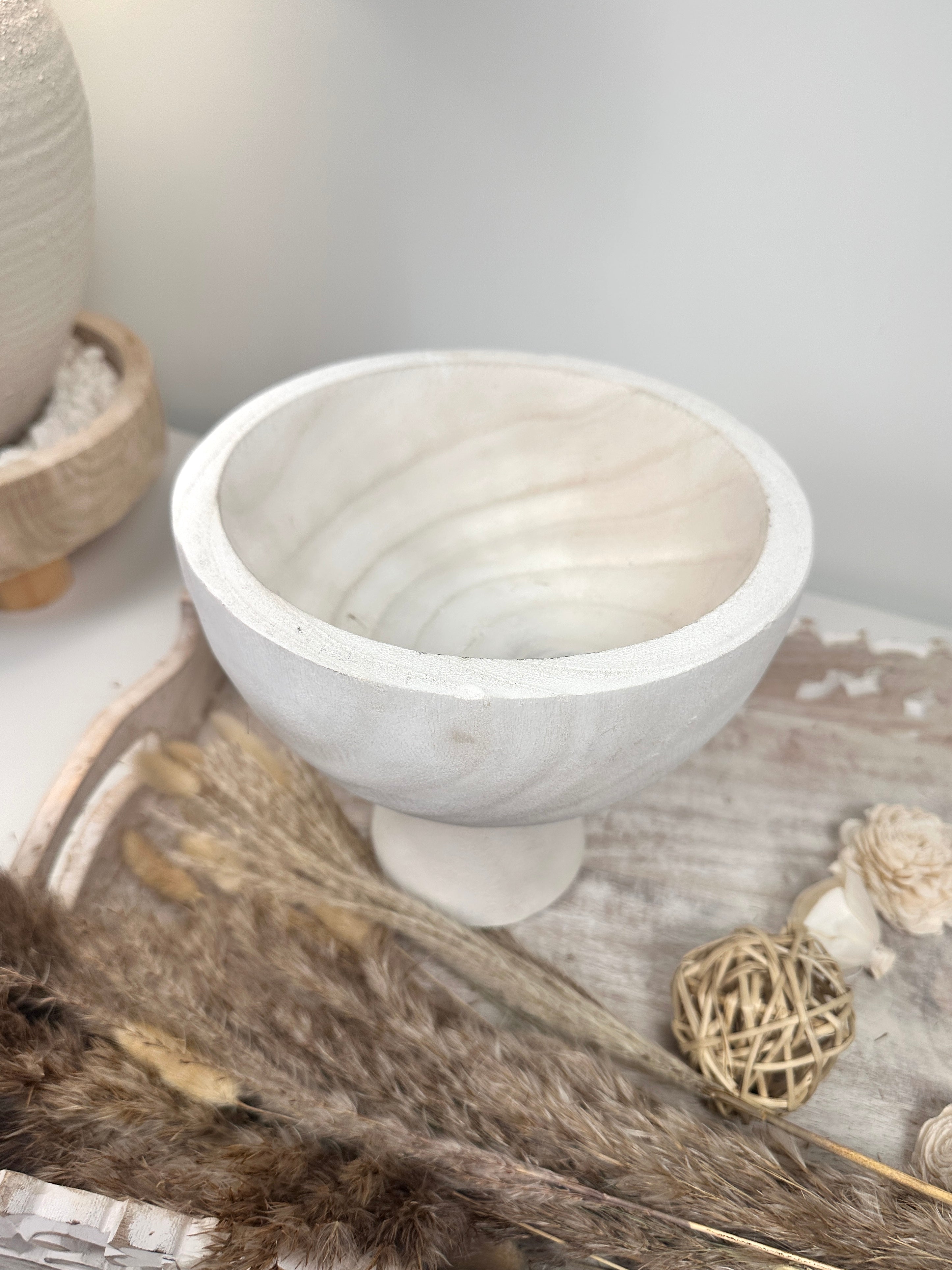 Set of 2 Boho Paulownia Bowl Tray 7"tall Ivory Sand + Wood Bead Garland