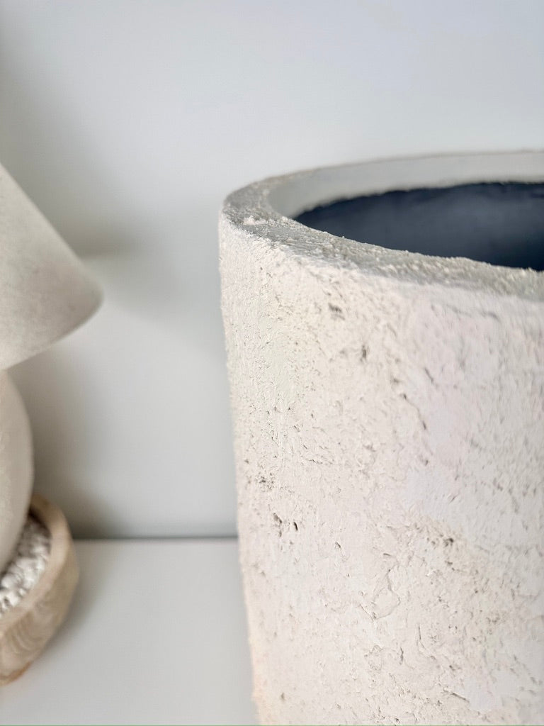 Minimalist Hand-Painted & Textured Planter Pot 17.5" tall with drainage hole one time creation - cream