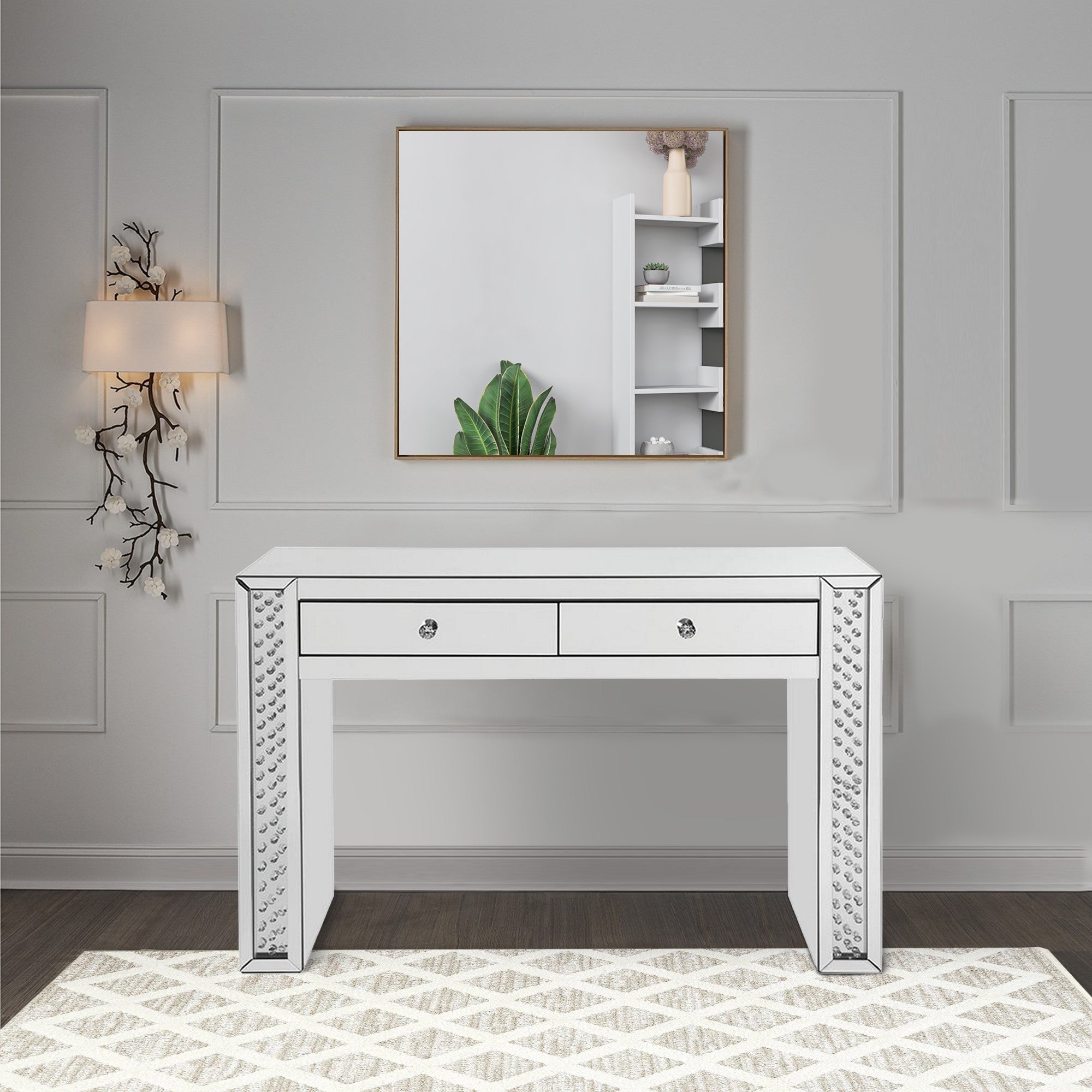 Mirror Accented Two Drawers Wooden Vanity Desk With Faux Crystal Inlay, Silver