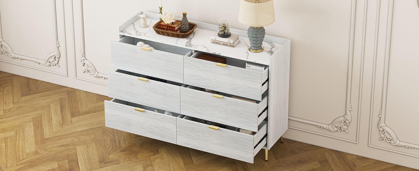 55" Long 6 Drawer Dresser with Marbling Worktop, Mordern Storage Cabinet with Metal Leg and Handle - White