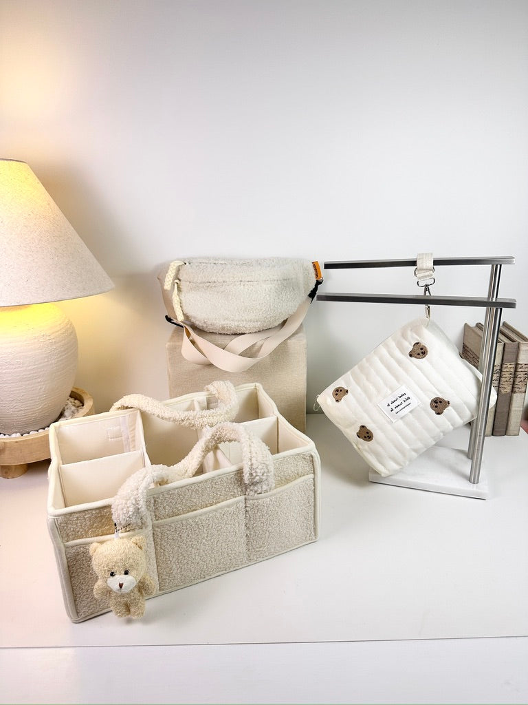 Set of 3 Crossbody Bag, Pouch Full Bears and Caddy Diaper Bag for Baby Essentials - Cream