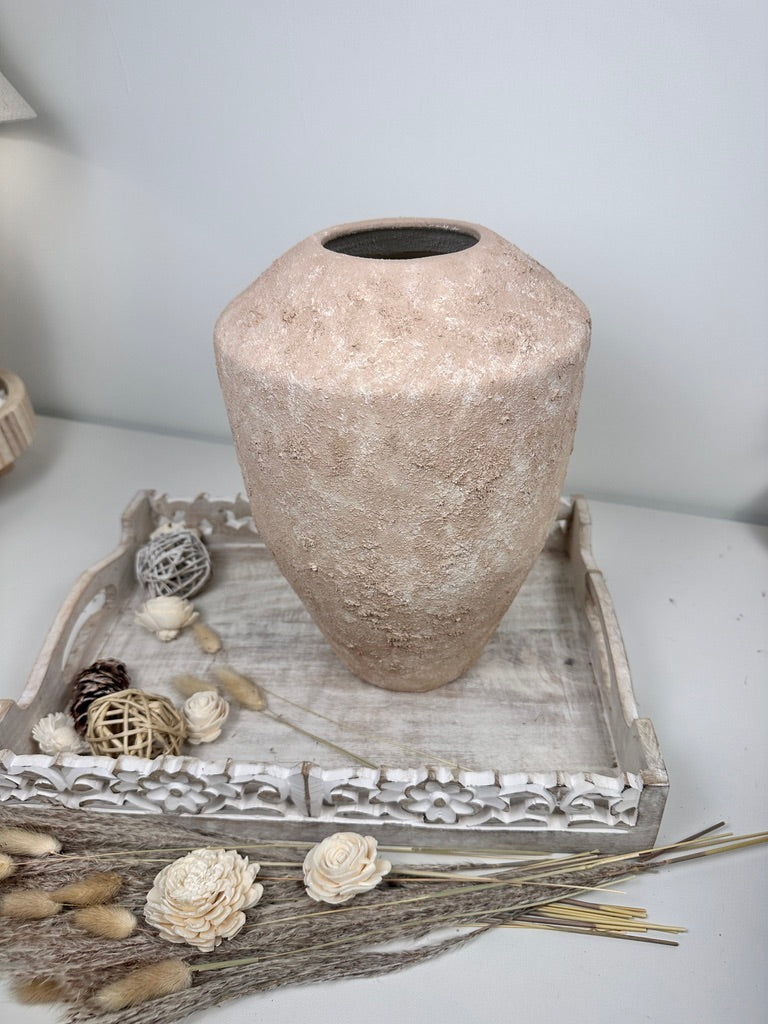 Rustic Minimalist Textured Hand-Painted Ceramic Vase 12" - Light Beige Wash