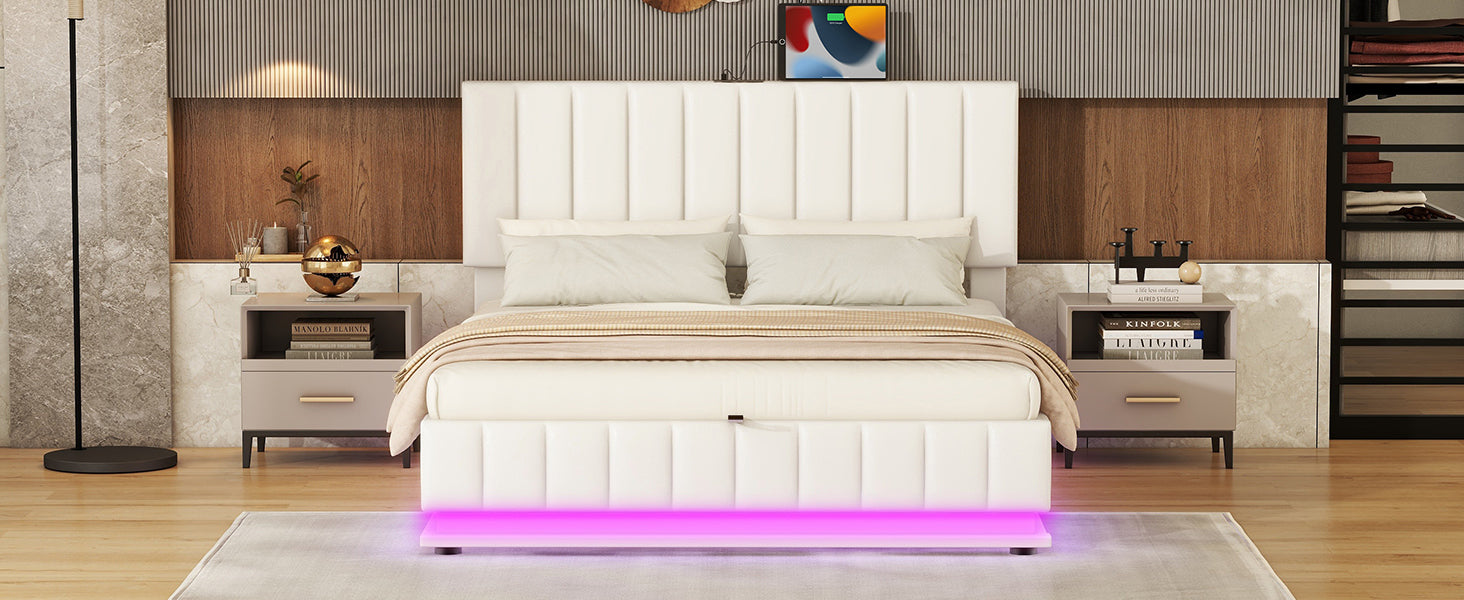 Queen Size Upholstered Bed with Hydraulic Storage System and LED Light, Modern Platform Bed with Sockets and USB Ports - White