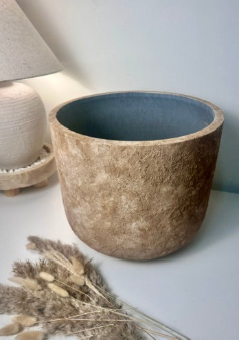 Rustic Hand-Painted & Textured Planter 12" tall with drainage hole one time creation - Brown washed
