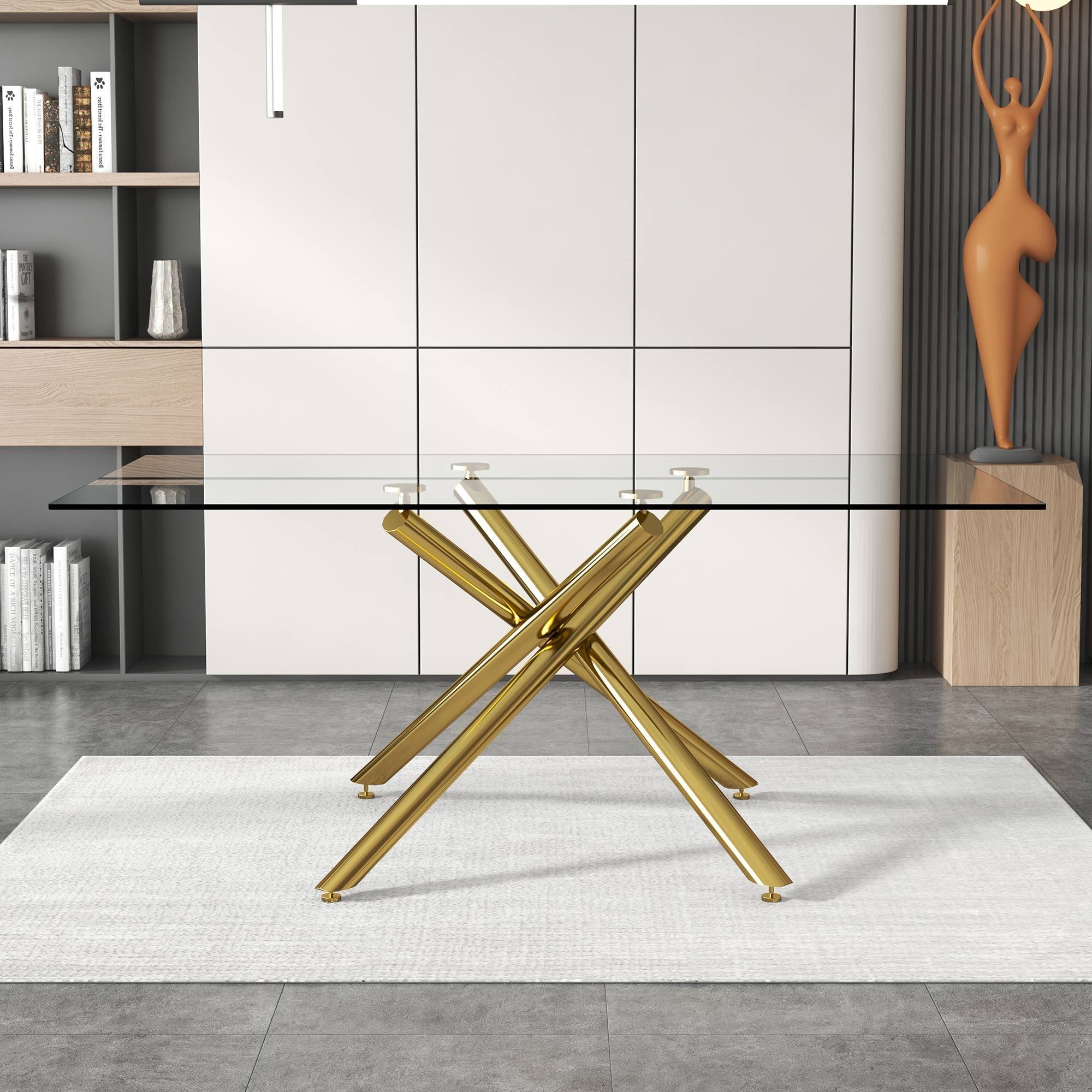 Modern Minimalist Rectangular Glass Dining Table for 6-8 with 0.39" Tempered Glass Tabletop and Silver Chrome Metal Legs - Golden