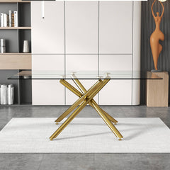 Modern Minimalist Rectangular Glass Dining Table for 6-8 with 0.39" Tempered Glass Tabletop and Silver Chrome Metal Legs - Golden