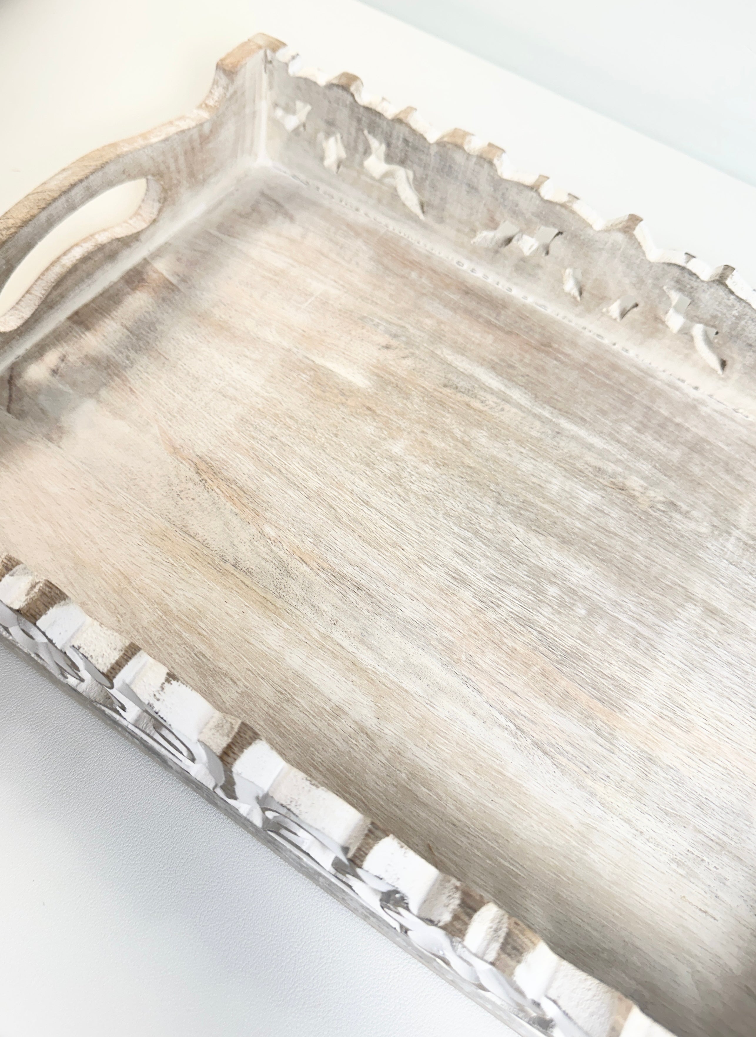 Boho Handmade Decorative Serving Wooden Tray Whitewashed