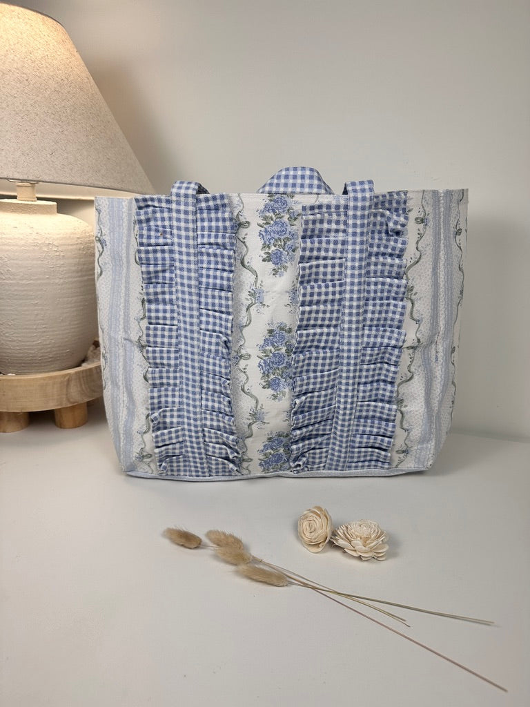 French Provençale Style Tote Bag 15" tall Eco-Friendly botanical floral print - Blue and White