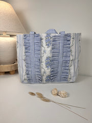 French Provençale Style Tote Bag 15" tall Eco-Friendly botanical floral print - Blue and White