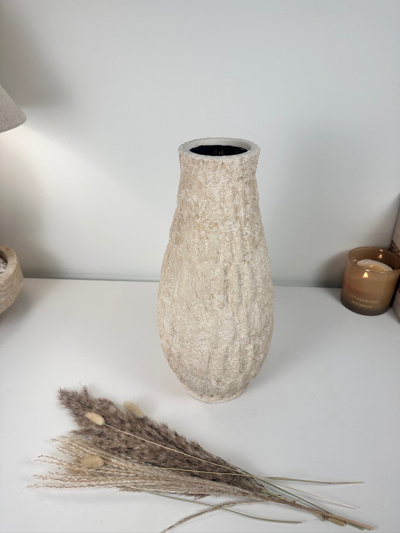 Minimalist Hand-Painted/Textured Ceramic Vase 14" - Cream Sand washed