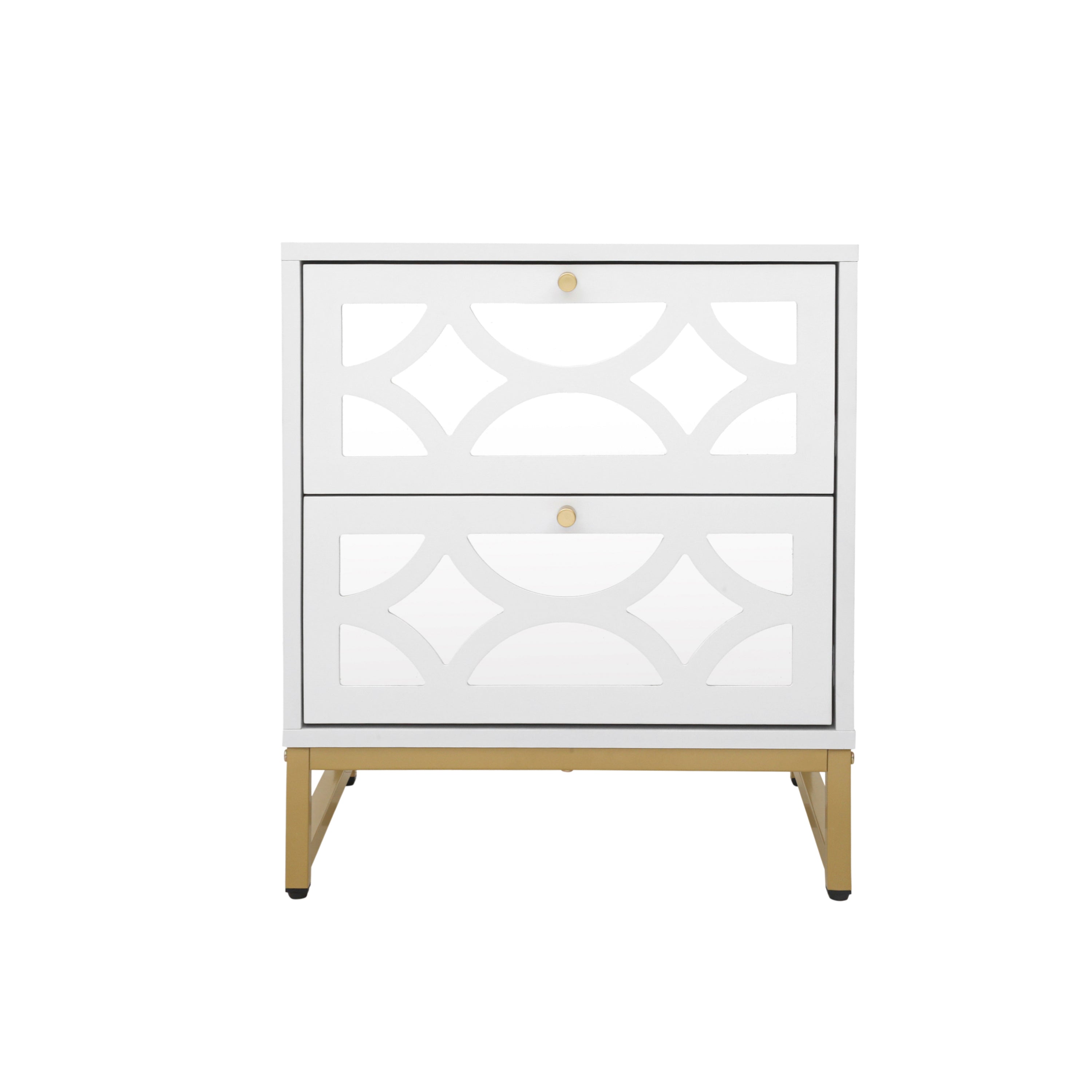Set of 2 - Small Bedside Table with 2 Drawers, White Mirrored Nightstand with Gold Legs