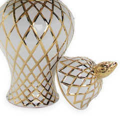 16.50"H White and Gold Ceramic Decorative Ginger Jar Vase